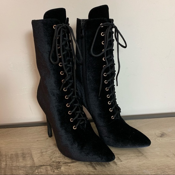 PUBLIC DESIRE Black VELVET Stiletto SPIKE Heel DOMINATRIX Lace Up POINTY BOOTS 7 - Picture 2 of 6